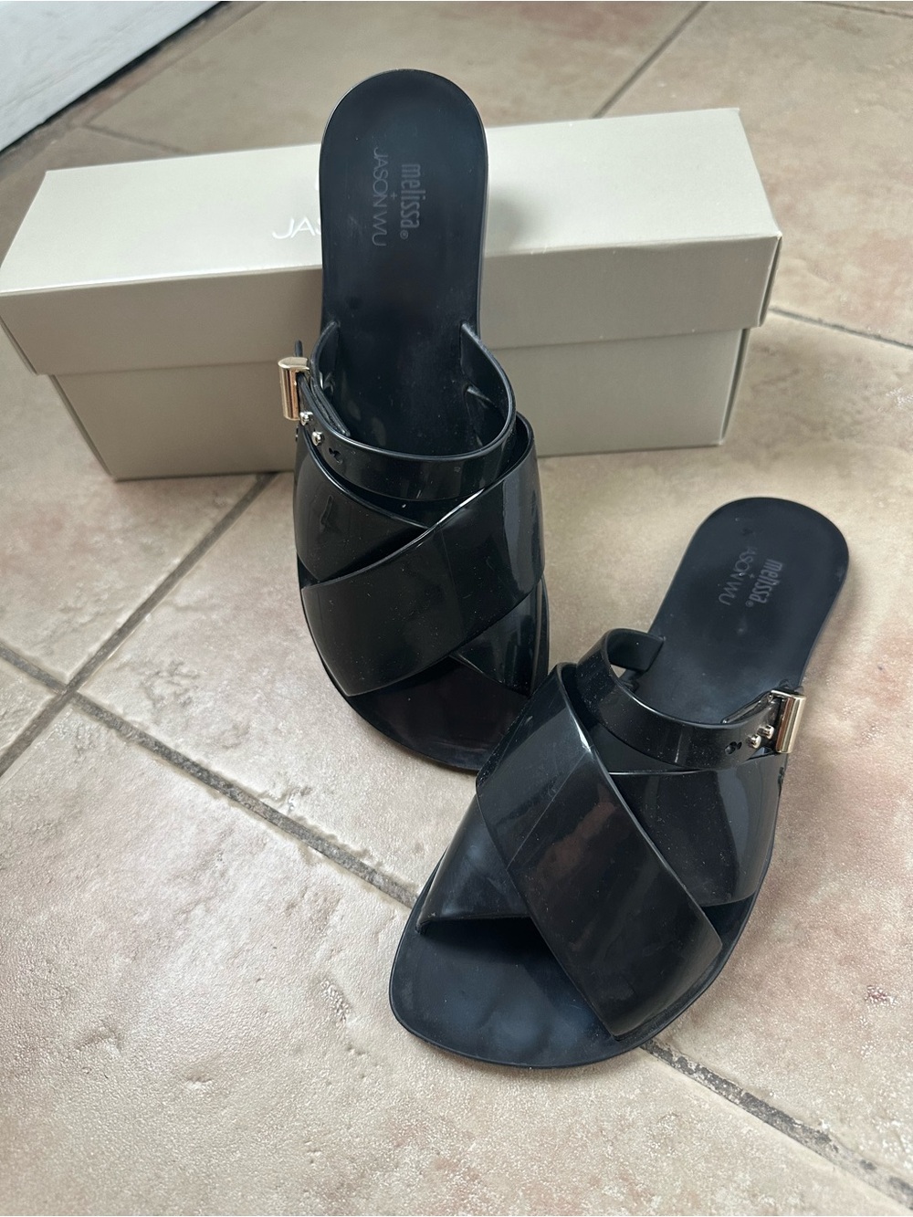 Black Crisscross Slide Sandals by Melissa x Jason Wu
